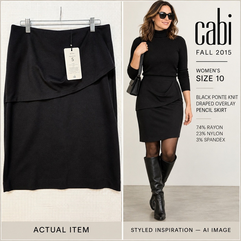 NWT CAbi Black Ponte Knit Draped Overlay Pencil Skirt Fall 2015 Size 10 Timeless